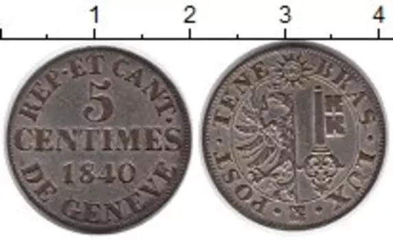 Монета 5 сантим Женевы 1840 года Серебро