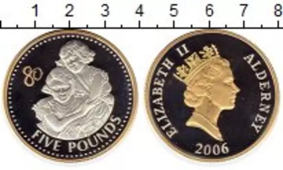 Монета 5 фунтов Олдерни 2006 года Серебро 80 лет Елизавете II