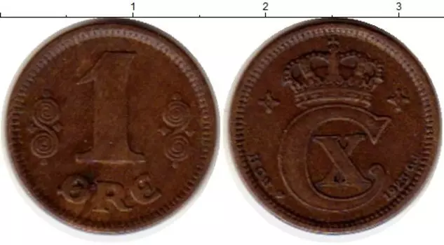 Монета эре Дании 1923 года Бронза Кристиан Х