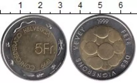 Монета 5 франков Швейцарии 1999 года Биметалл Винный фестиваль
