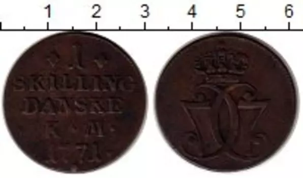 Монета скиллинг Дании 1771 года Медь