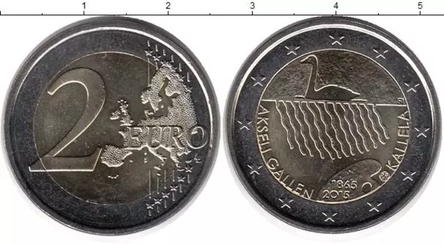Монета 2 евро Финляндии 2015 года Биметалл 150 лет финского художника Аксели Галлен-Каллела