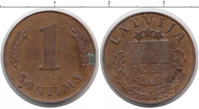 Монета сантим Латвии 1939 года Медь