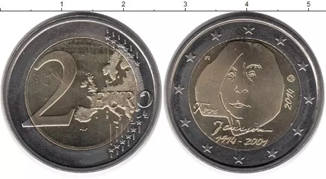 Монета 2 евро Финляндии 2014 года Биметалл 100 летие Туве Янссон