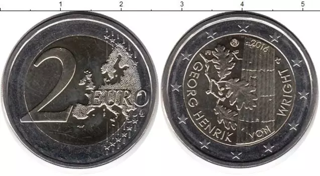 Монета 2 евро Финляндии 2016 года Биметалл 100 лет со дня рождения философа Георга Хенрика фон Вригта
