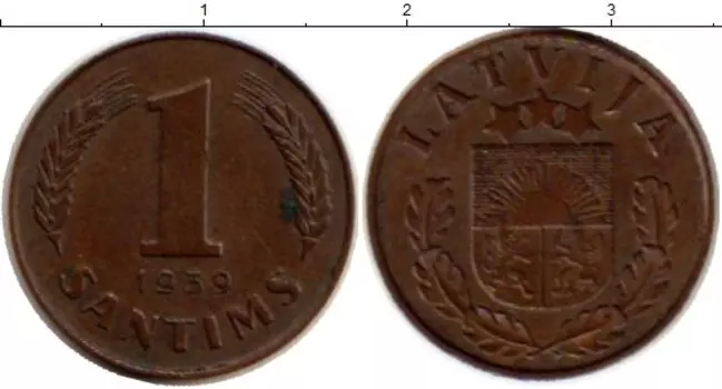 Монета сантим Латвии 1939 года Медь