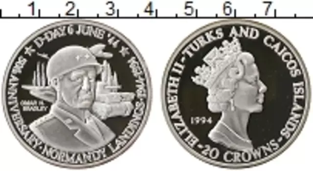 Монета 20 крон Теркc и Кайкоса 1994 года Серебро Вторая Мировая Война, D-DAY Омар Бредли