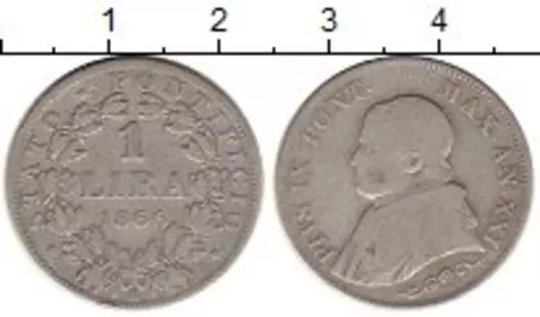 Монета лира Ватикана 1866 года Серебро Пий IX