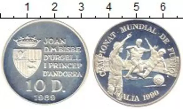 Монета 10 динерс Андорры 1989 года Серебро Чемпионат Европы по футболу 90