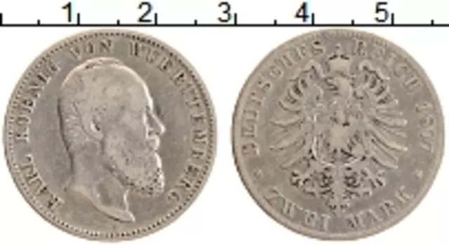 Монета 2 марки Вюртемберга 1877 года Серебро Карл
