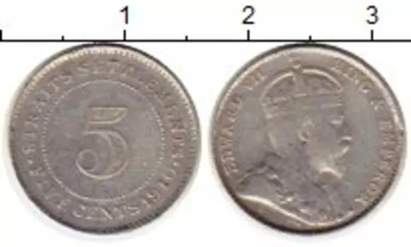 Монета 5 центов Стрейтс-Сеттльмента 1910 года Серебро Эдуард VII