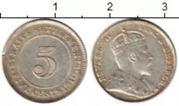 Монета 5 центов Стрейтс-Сеттльмента 1910 года Серебро Эдуард VII