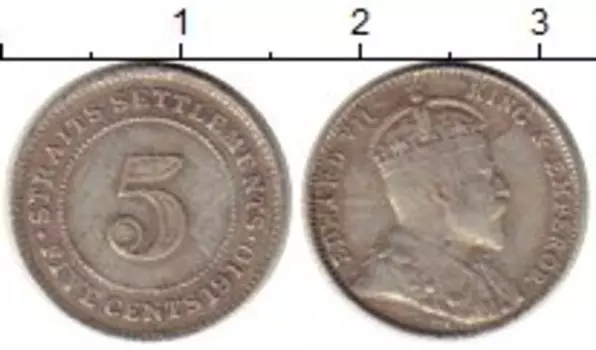 Монета 5 центов Стрейтс-Сеттльмента 1910 года Серебро Эдуард VII
