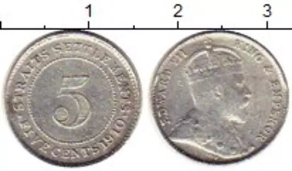 Монета 5 центов Стрейтс-Сеттльмента 1910 года Серебро Эдуард VII