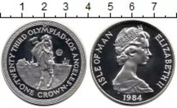 Монета крона Острова Мэн 1984 года Серебро Олимпийские игры Лос-Анжелес, конный спорт