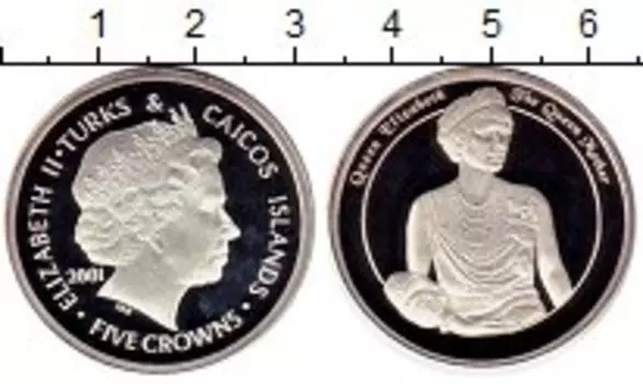Монета 5 крон Теркc и Кайкоса 2001 года Серебро Королева-мать