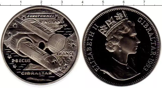 Монета 2,8 экю Гибралтара 1993 года Медно-никель Евротуннель