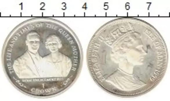 Монета крона Острова Мэн 1999 года Серебро Жизнь и эпоха Королевы-матери