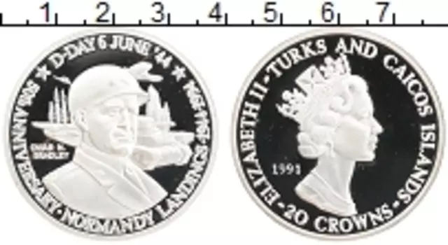 Монета 20 крон Теркc и Кайкоса 1994 года Серебро 50 лет высадки в Нормандии ген