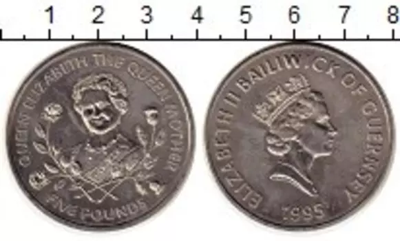 Монета 5 фунтов Гернси 1995 года Медно-никель Королева-мать