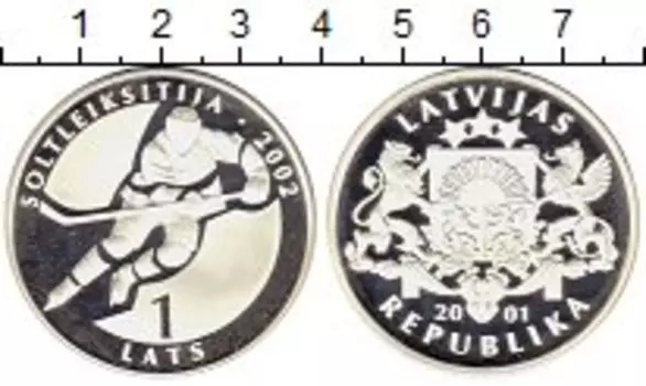 Монета лат Латвии 2001 года Серебро Олимпийские игры, хоккей