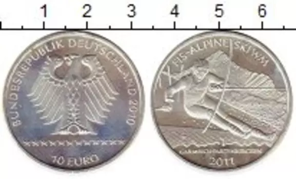 Монета 10 евро Германии 2010 года Серебро Чемпионат мира по горнолыжному спорту в Гармиш-Партенкирхене