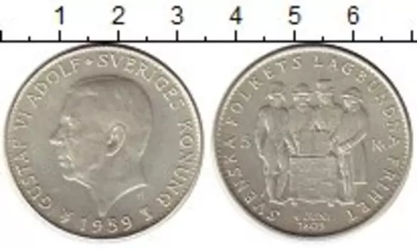 Монета 5 крон Швеции 1959 года Серебро Густав VI Адольф