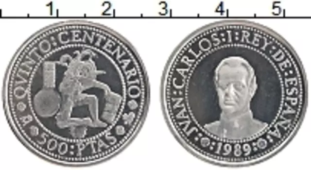 Монета 500 песет Испании 1989 года Серебро 500 лет открытия Америки, Хуан Карлос I