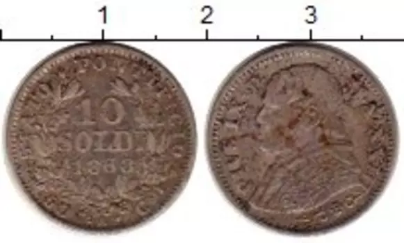 Монета 10 сольди Ватикана 1868 года Серебро Пий IX