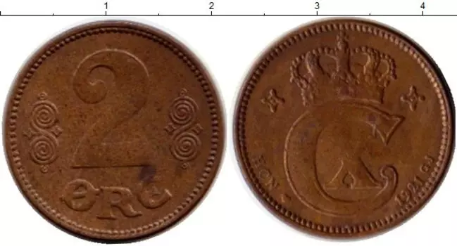 Монета 2 эре Дании 1921 года Бронза Кристиан Х