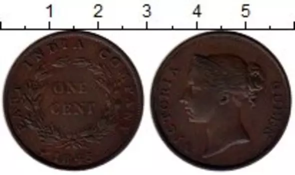 Монета цент Стрейтс-Сеттльмента 1845 года Медь Виктория