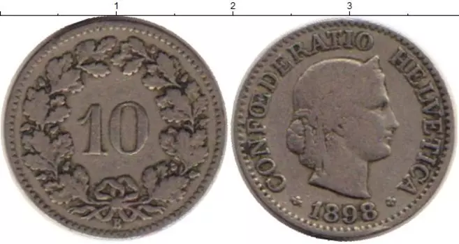 Монета 10 рапп Швейцарии 1898 года Медно-никель