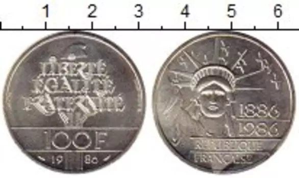 Монета 100 франков Франции 1986 года Серебро 100 лет Статуе Свободы, пьефорт