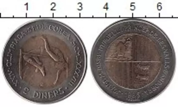 Монета 2 динерса Андорры 1985 года Биметалл Олимпийские игры