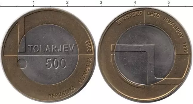 Монета 500 толаров Словении 2003 года Биметалл Европейское лето инвалидов