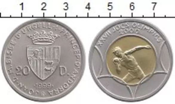 Монета 20 динерс Андорры 1999 года Биметалл Серебро - золото