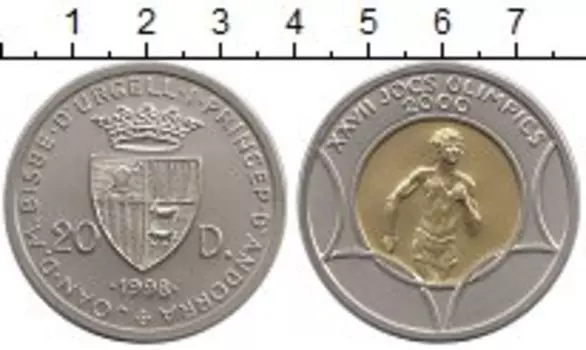 Монета 20 динерс Андорры 1998 года Биметалл Серебро - золото