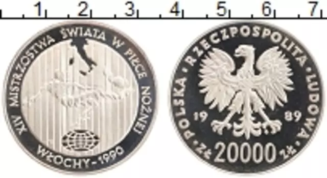 Монета 20000 злотых Польши 1989 года Серебро Чемпионат мира по футболу в Италии
