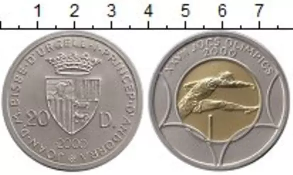Монета 20 динерс Андорры 2000 года Биметалл Серебро