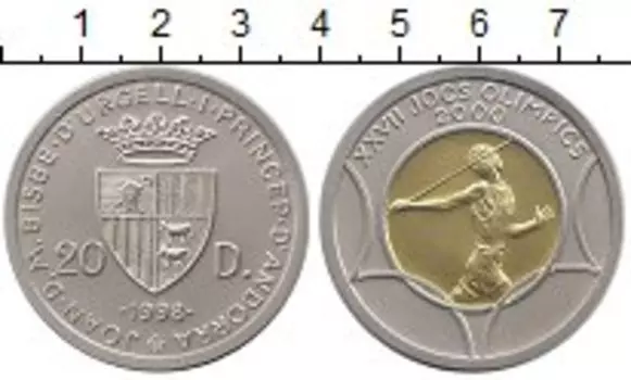 Монета 20 динерс Андорры 1998 года Биметалл Серебро - золото