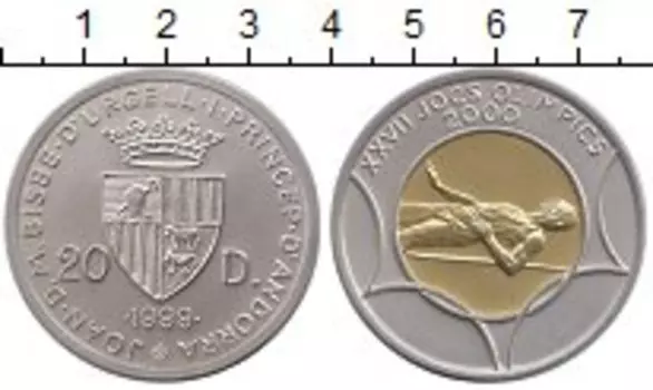 Монета 20 динерс Андорры 1999 года Биметалл Серебро - золото