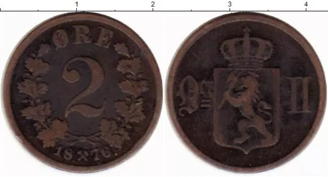 Монета 2 эре Норвегии 1876 года Медь Оскар II