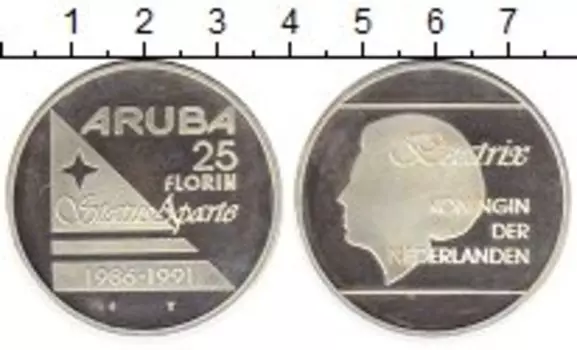 Монета 25 флоринов Арубы 1991 года Серебро 5-летие Независимости Арубы
