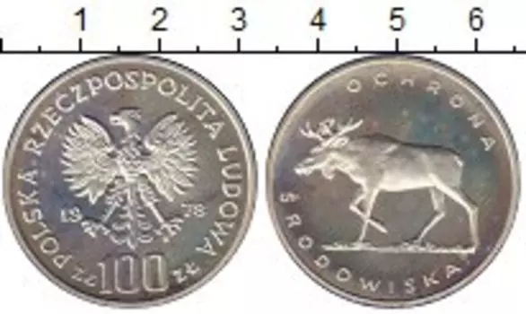 Монета 100 злотых Польши 1978 года Серебро Охрана окружающей среды,лось