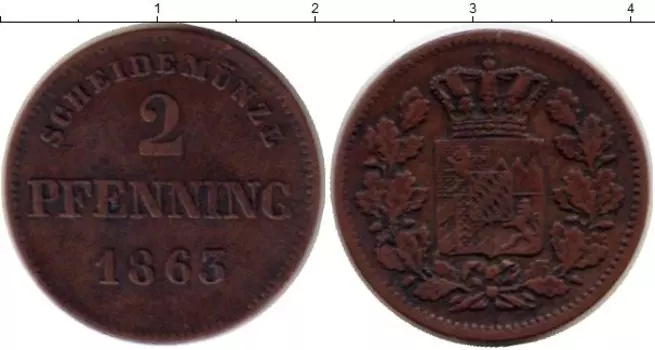 Монета 2 пфеннига Баварии 1863 года Медь