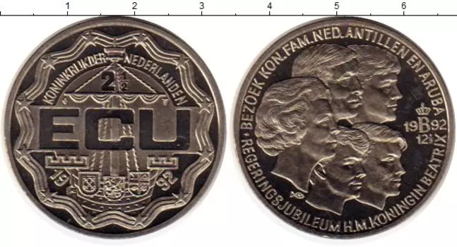 Монета 2 1/2 экю Нидерланд 1992 года Медно-никель 12,5 лет Коронации Беатрикс