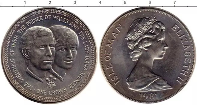 Монета крона Острова Мэн 1981 года Медно-никель Свадьба принца Уэльского и леди Дианы Спенсер, портреты