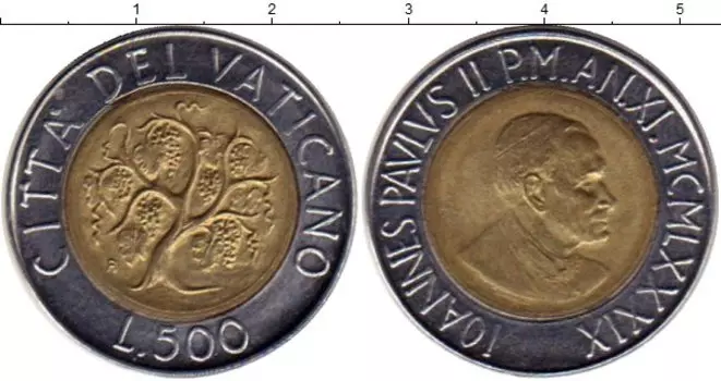 Монета 500 лир Ватикана 1989 года Биметалл Иоанн Павел II