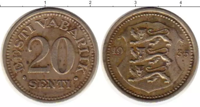 Монета 20 сенти Эстонии 1935 года Медно-никель