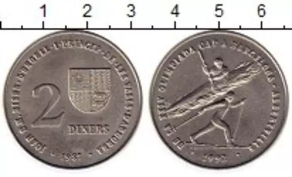 Монета 2 динерса Андорры 1987 года Медно-никель Зимняя Олимпиада 1992 г